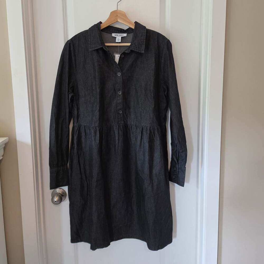 Nine West Jeans Womens L Black Chambray Denim Babydoll Shirt Dress NWT